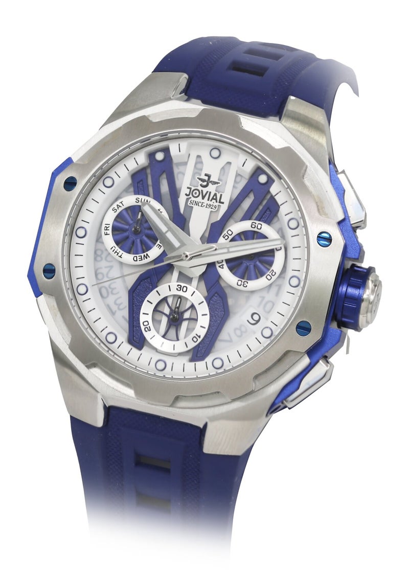 جوفيال ساعة جوفيال 1534GSRC51E متعددة الوظائف للرجال، تعرض اليوم والتاريخ، مينا أزرق، كوارتز، مطاط لطيف على البشرة، 43 مم - Image 2